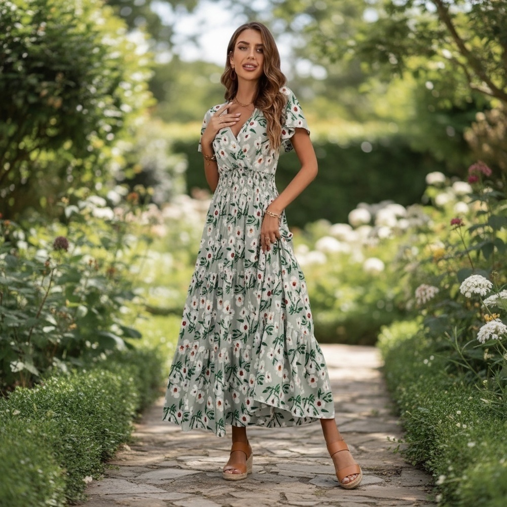 Women’s Floral Print V-Neck Maxi Dress - Picture 8 of 8